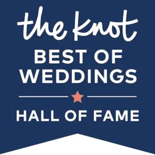 A navy blue banner features white text proclaiming "the knot BEST OF WEDDINGS HALL OF FAME," with a small orange star between "WEDDINGS" and "HALL OF FAME," celebrating exceptional wedding venues on Long Island, NY.