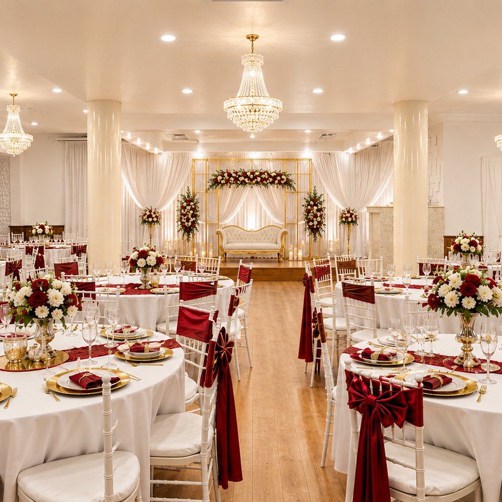 Elegant banquet hall with round tables set for an event, decorated with red and white flowers and matching chair sashes. A stage with a white loveseat and floral arrangements is in the background under chandeliers.